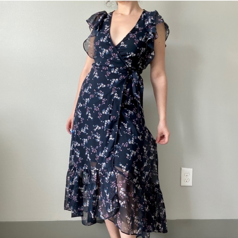 Nwot Drew Navy Floral Maxi Wrap Dress W/Ruffles - S